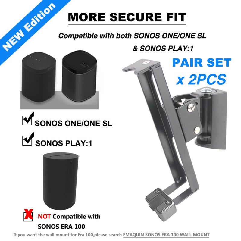 EMAQUIN Wall Mounts Brackets-Pair Set-2PCS for SONOS ONE/SONOS ONE SL/SONOS Play 1 Speaker (Include 2PCS,Swivel and Tilt,Compatible with Both SONOS ONE/ONE SL/SONOS Play 1,Black Pair) - Image 3